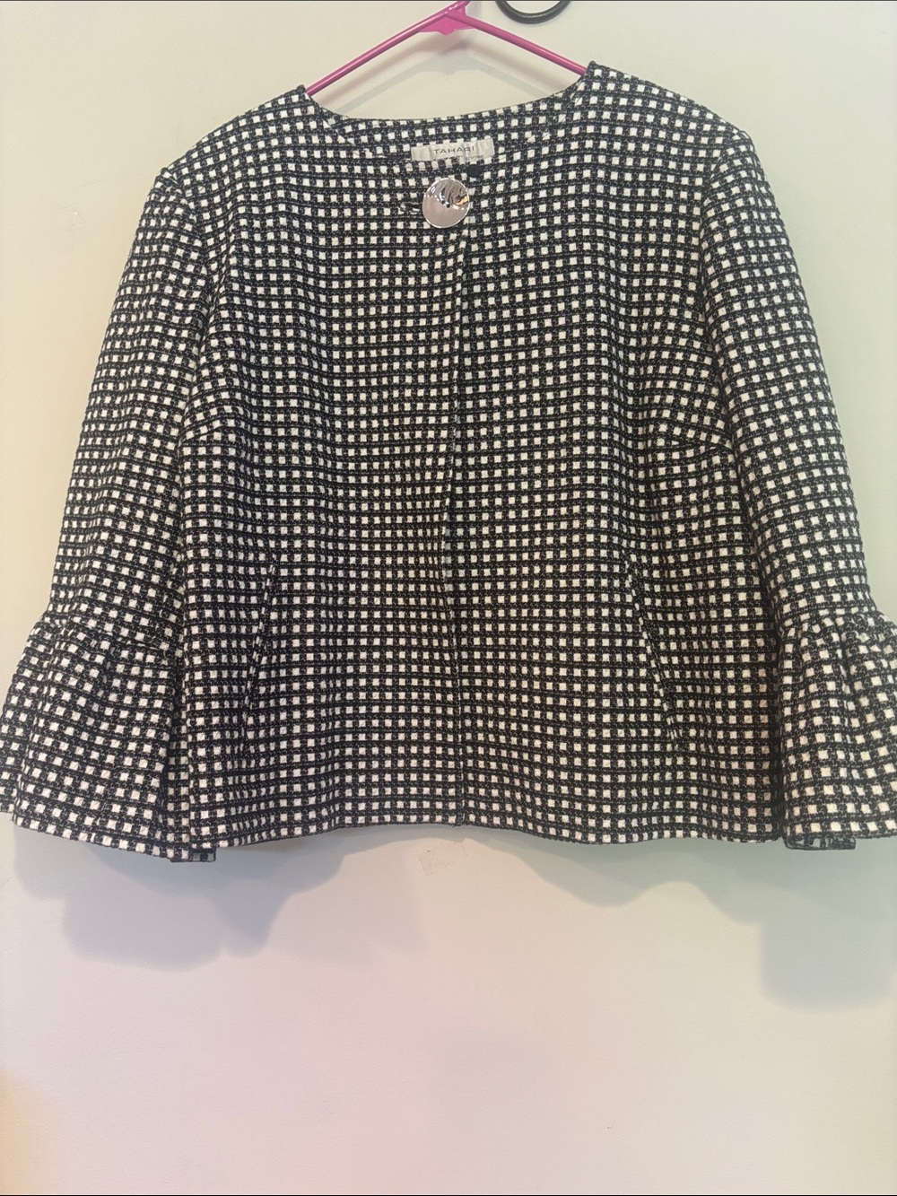 Tahari Black & White Check Tweed Bell-Sleeve blazer /top